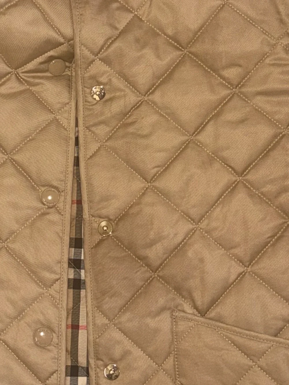 Burberry Tan Quilted Puffer Jacket with Red Corduroy Collar